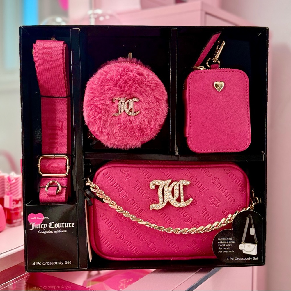 Juicy Couture 4-Piece Crossbody Set – Hot Pink Chic Gold Link Chain Gift Box